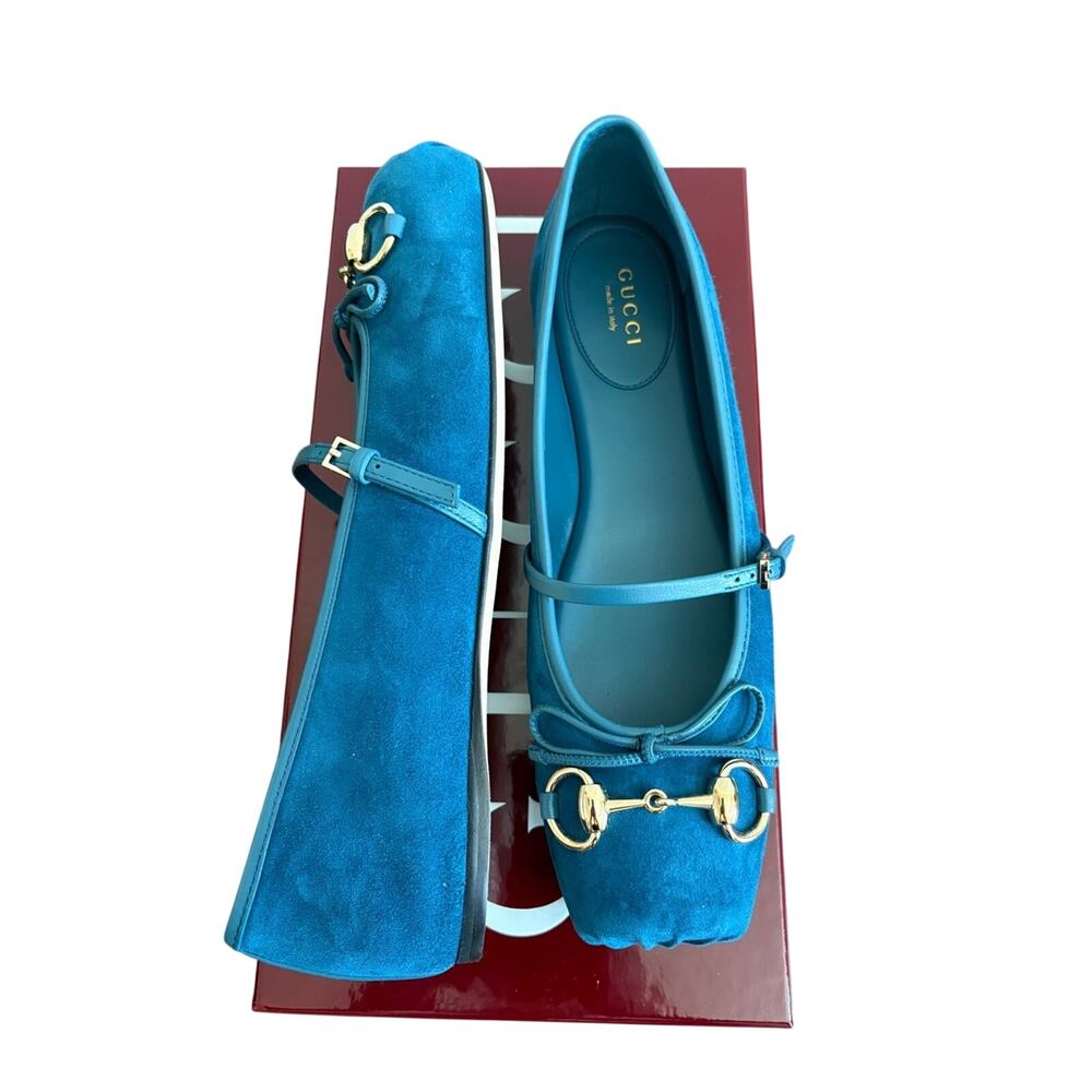 Gucci Teal blue Suede Horsebit Mary Jane Flats 38.5 - Picture 5 of 10
